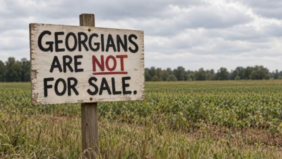 A hand-painted yard sign in a Georgia field: Georgians are not for sale.